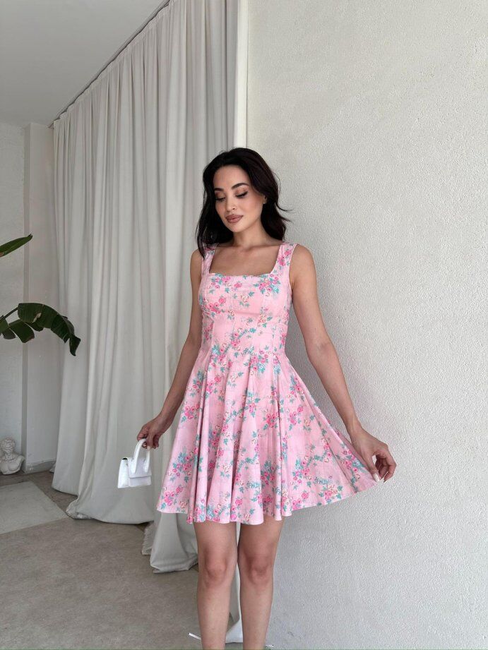 Kare Yaka Çiçek Desenli Pileli Mini Elbise 5095 Pembe - S