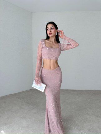 Taş Detaylı Uzun Etek Crop Bluz Takım 2071 Gül Kurusu - M