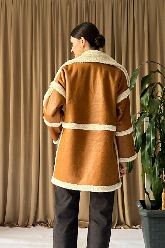 Kadın Kürklü Kuşaklı Ceket Oversize Kaban Taba