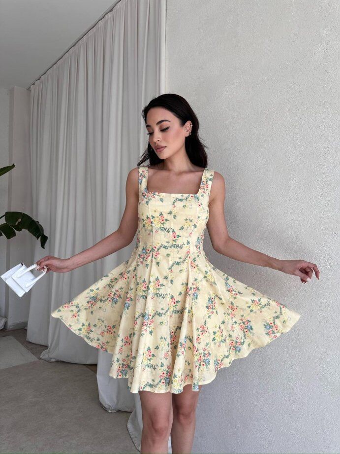 Kare Yaka Çiçek Desenli Pileli Mini Elbise 5095 Sarı - L
