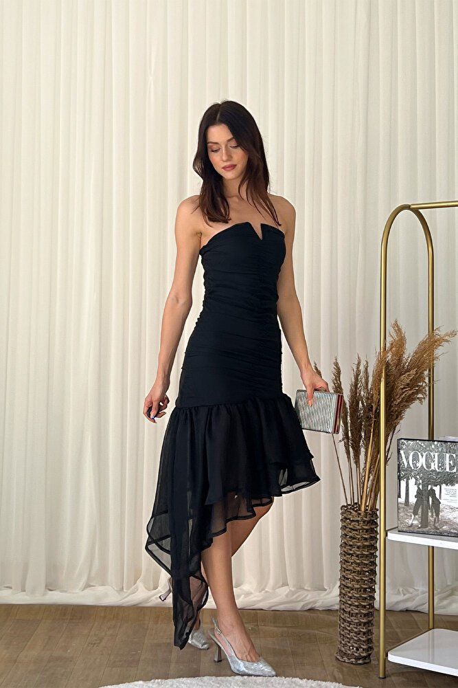 Kat Kat Volanlı Belden Oturtmalı Şifon Abiye Elbise