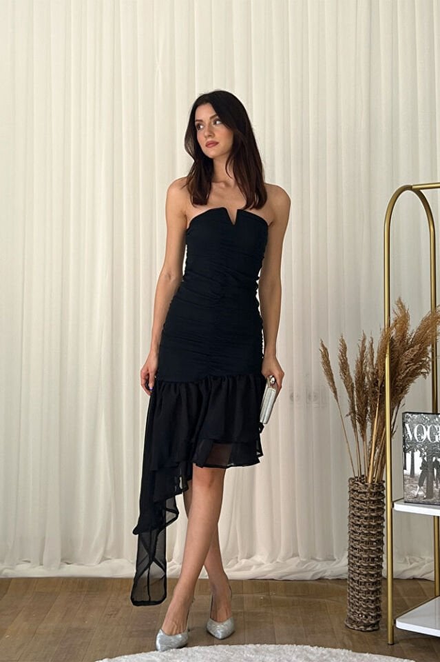 Kat Kat Volanlı Belden Oturtmalı Şifon Abiye Elbise