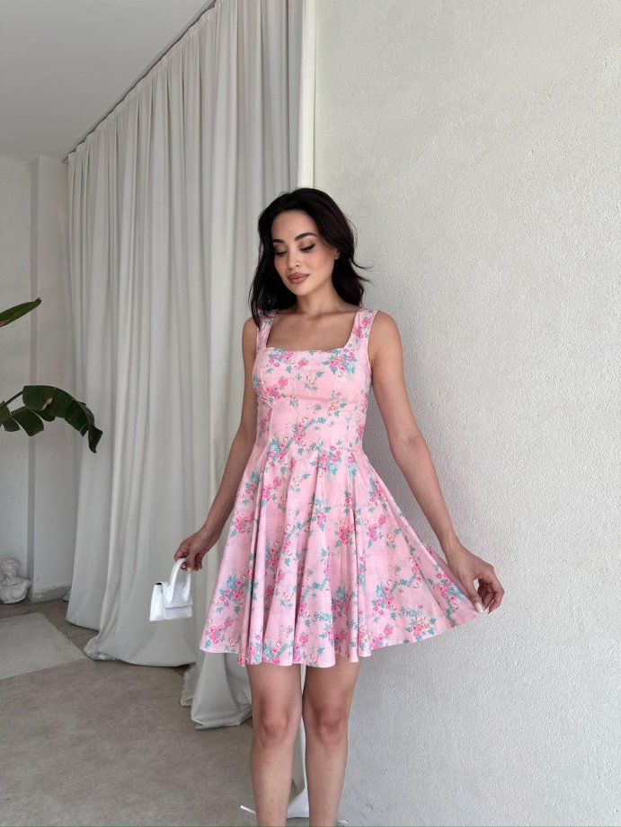 Kare Yaka Çiçek Desenli Pileli Mini Elbise 5095 Pembe - XL