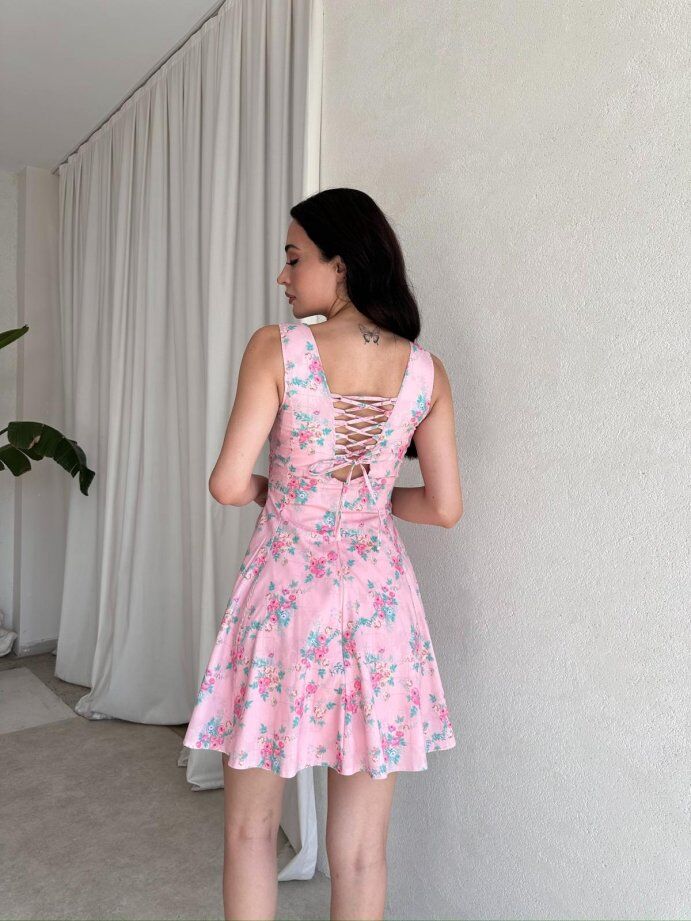 Kare Yaka Çiçek Desenli Pileli Mini Elbise 5095 Pembe - XL