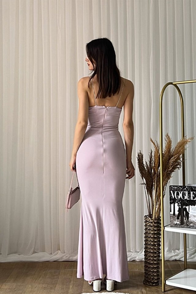 İnce Askılı Çapraz Detaylı Uzun Abiye Elbise