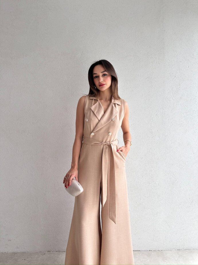 Kruvaze Yaka Kuşaklı Geniş Paça Tulum 5098 Bej - XL