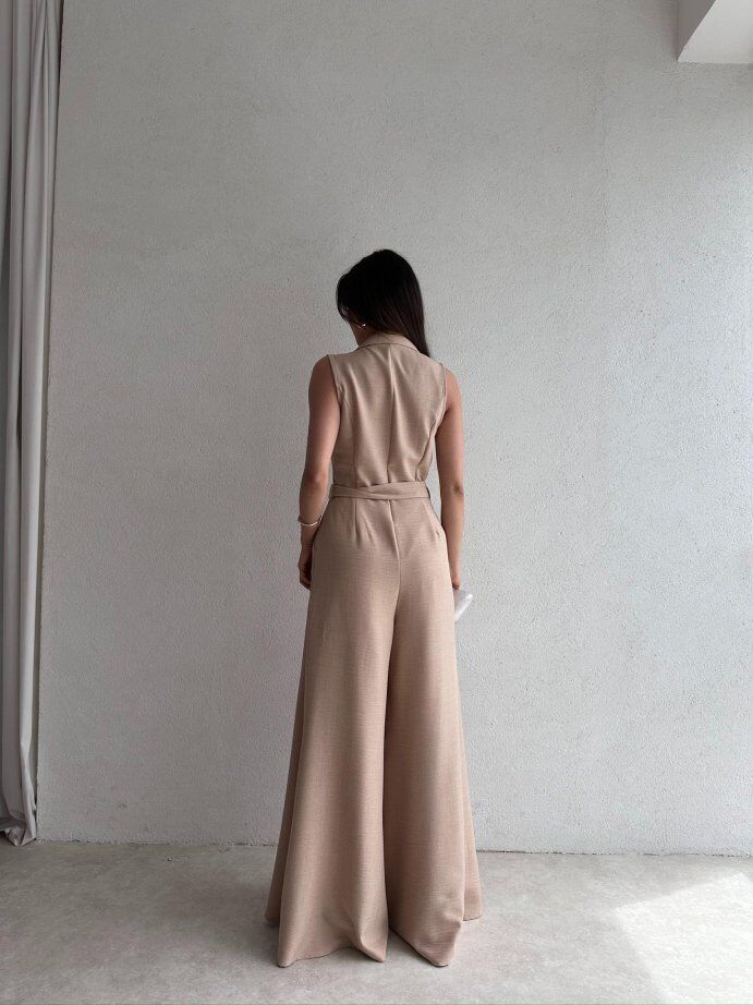 Kruvaze Yaka Kuşaklı Geniş Paça Tulum 5098 Bej - XL
