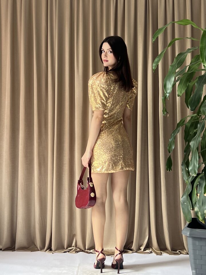 Payetli Drapeli Mini Elbise 1085 Gold - L