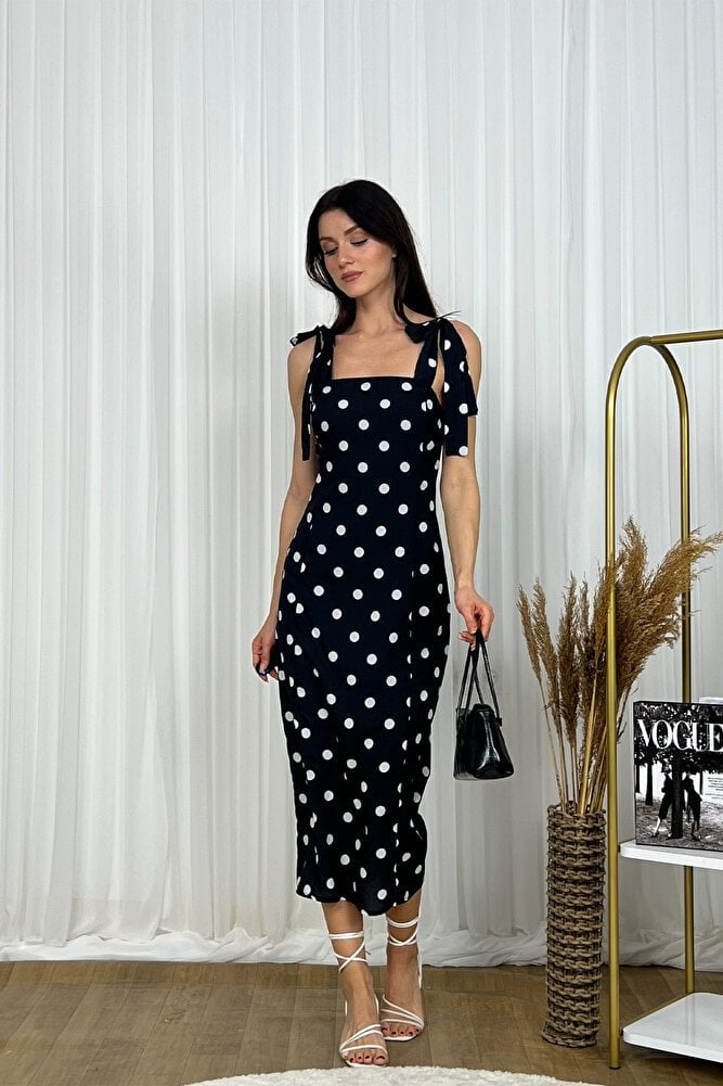 Askılı Bağlama Detaylı Puantiyeli Midi Elbise