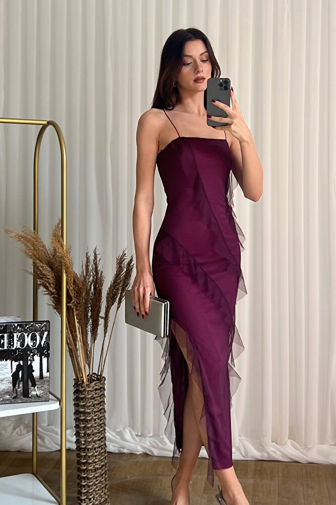 Askılı Şifon Tül Katmanlı Uzun Abiye Elbise