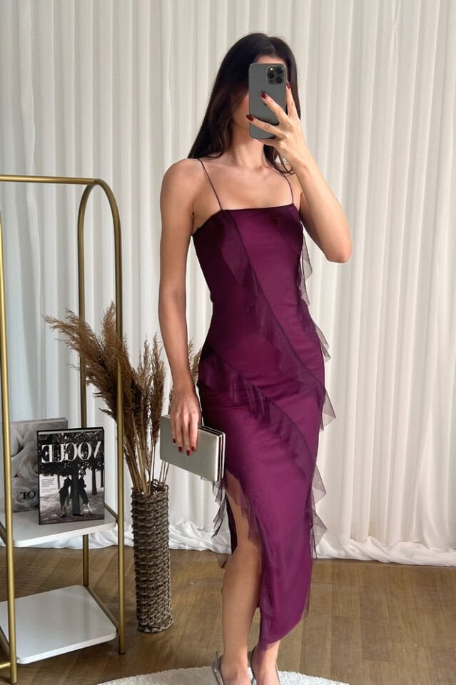 Askılı Şifon Tül Katmanlı Uzun Abiye Elbise