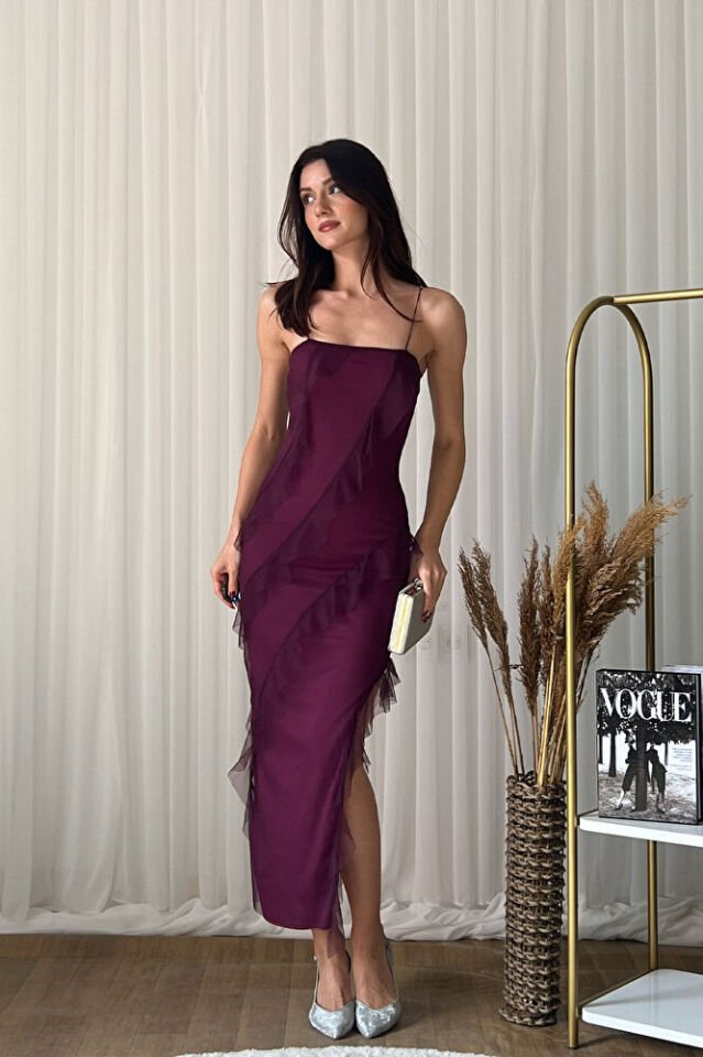 Askılı Şifon Tül Katmanlı Uzun Abiye Elbise