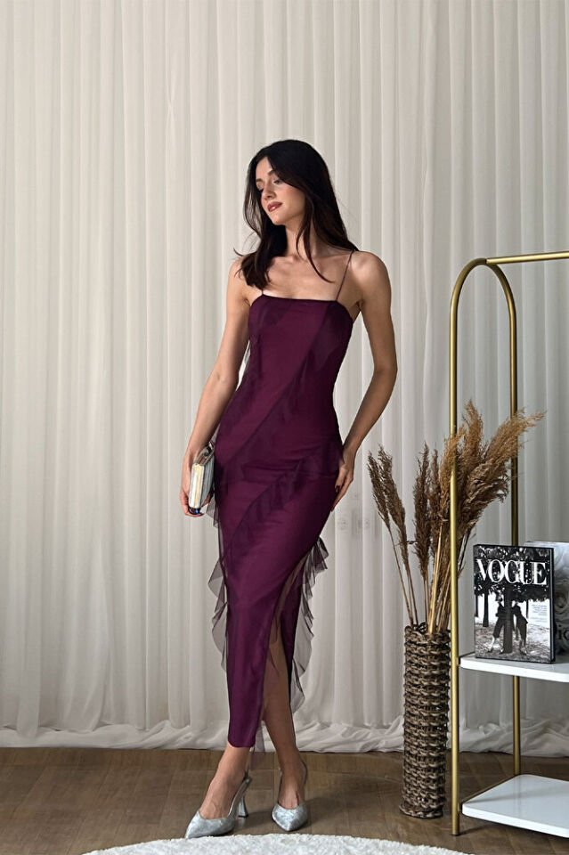 Askılı Şifon Tül Katmanlı Uzun Abiye Elbise