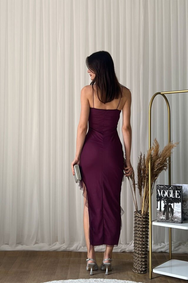 Askılı Şifon Tül Katmanlı Uzun Abiye Elbise