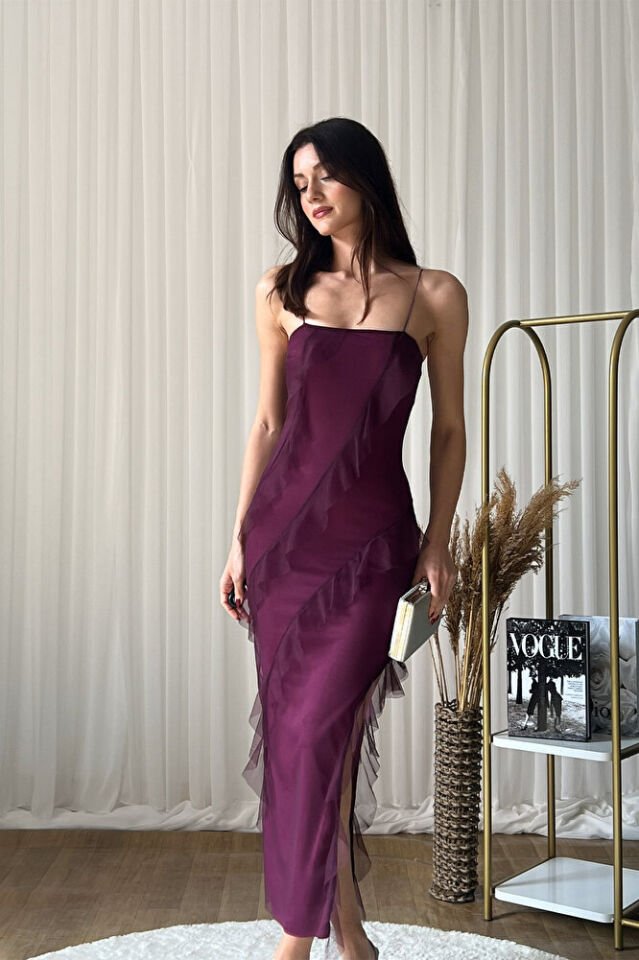 Askılı Şifon Tül Katmanlı Uzun Abiye Elbise