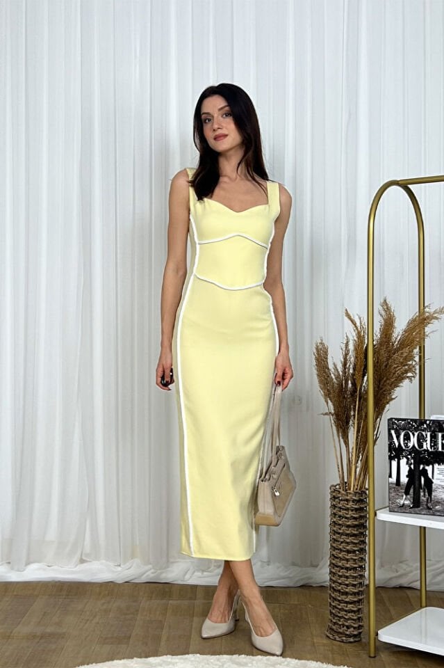 Askılı Siyah Biye Detaylı Midi Elbise