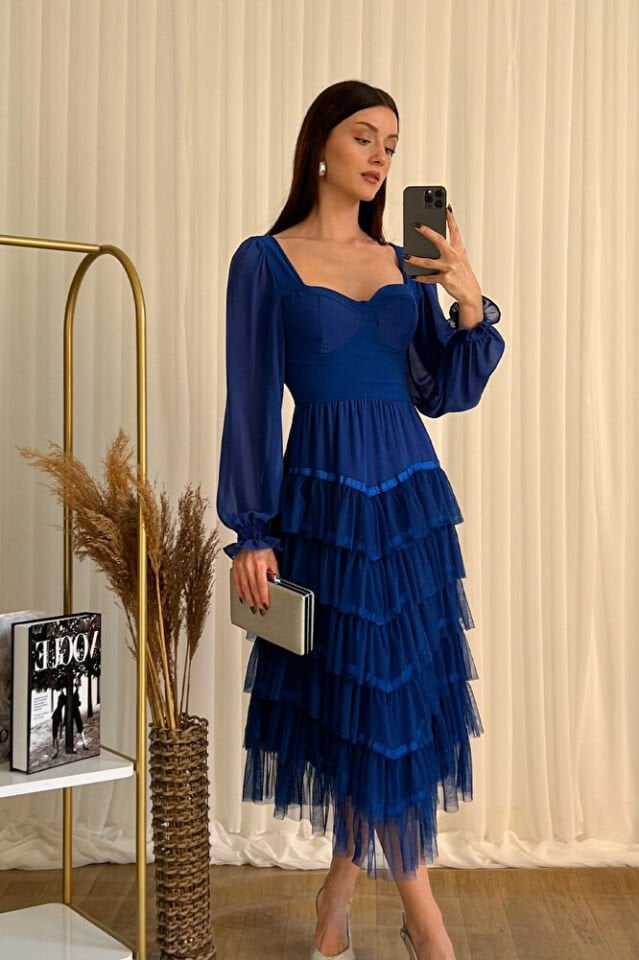 Kalp Yaka Şifon Kollu Tül Etekli Midi Abiye Elbise