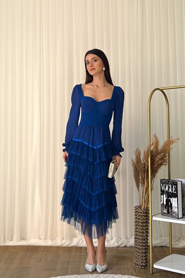 Kalp Yaka Şifon Kollu Tül Etekli Midi Abiye Elbise