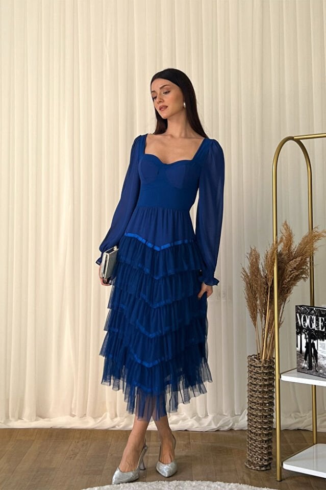 Kalp Yaka Şifon Kollu Tül Etekli Midi Abiye Elbise