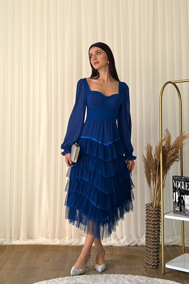 Kalp Yaka Şifon Kollu Tül Etekli Midi Abiye Elbise