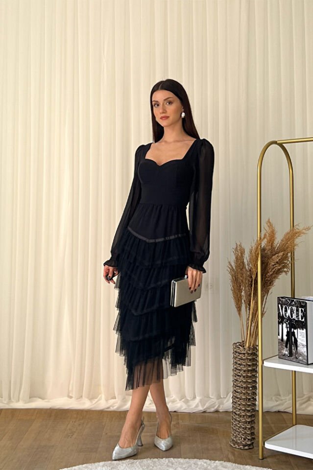 Kalp Yaka Şifon Kollu Tül Etekli Midi Abiye Elbise