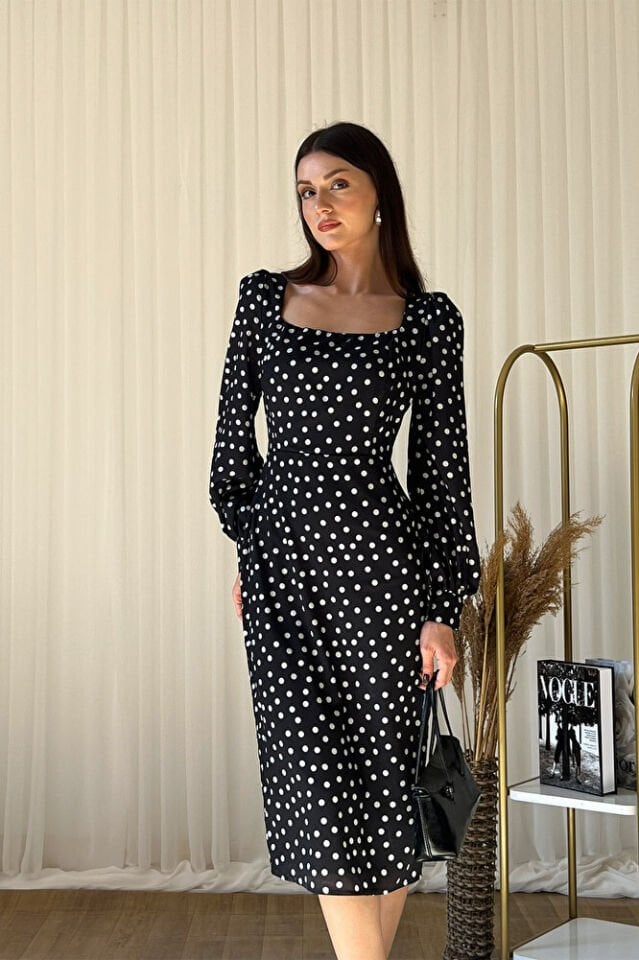 Puantiyeli Kare Yaka Uzun Kollu Şık Midi Elbise