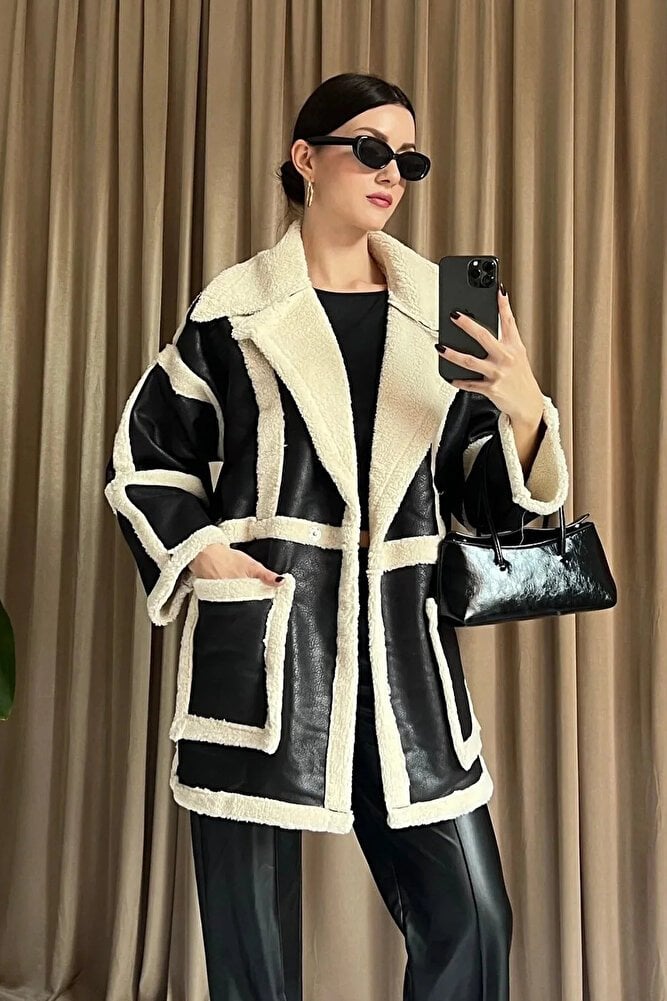 Kadın Kürklü Kuşaklı Ceket Oversize Kaban Siyah