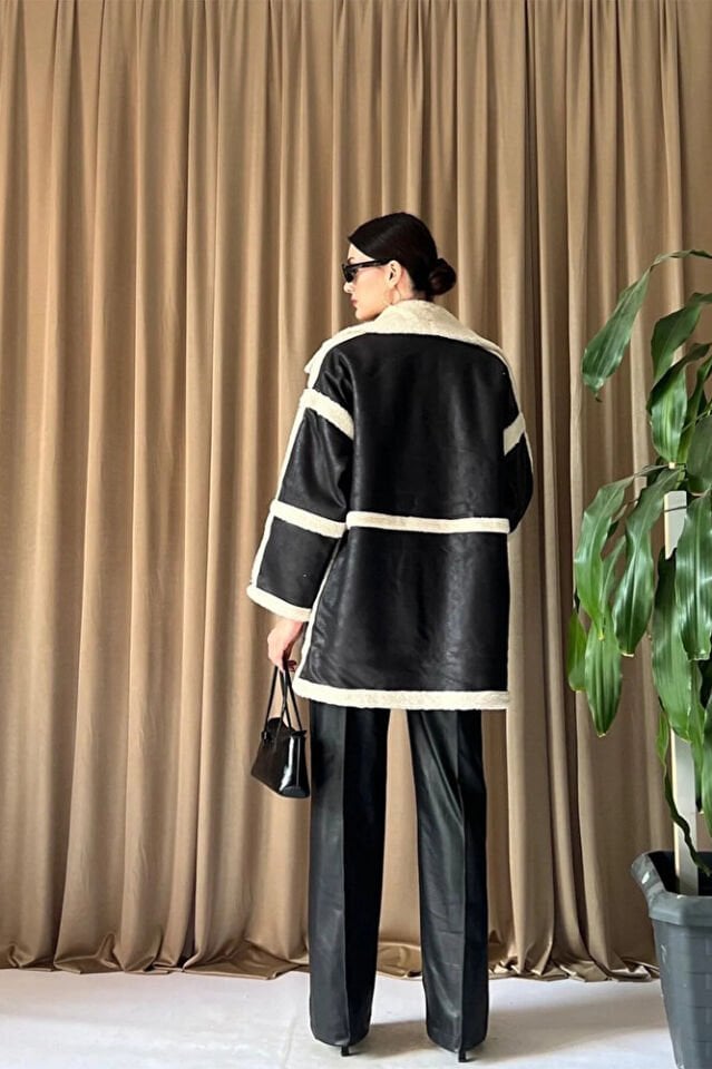 Kadın Kürklü Kuşaklı Ceket Oversize Kaban Siyah