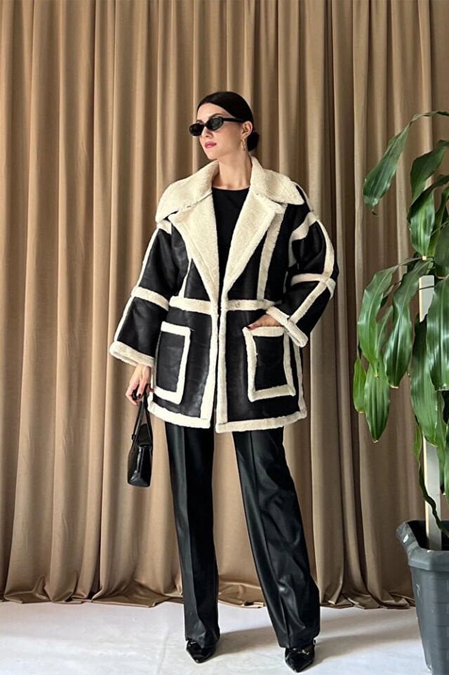 Kadın Kürklü Kuşaklı Ceket Oversize Kaban Siyah
