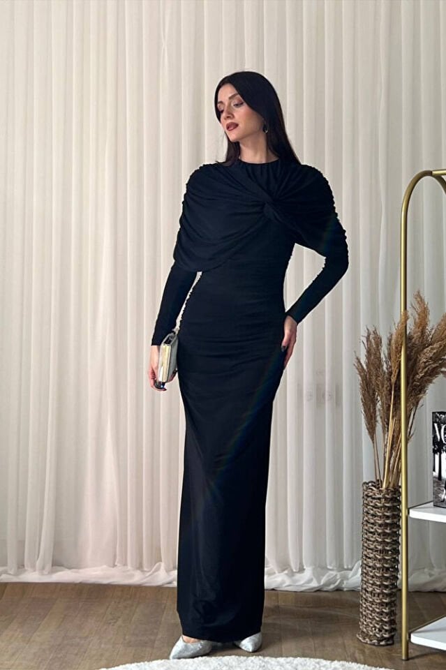 Kadın Şal Yaka Detaylı Uzun Abiye Elbise Siyah