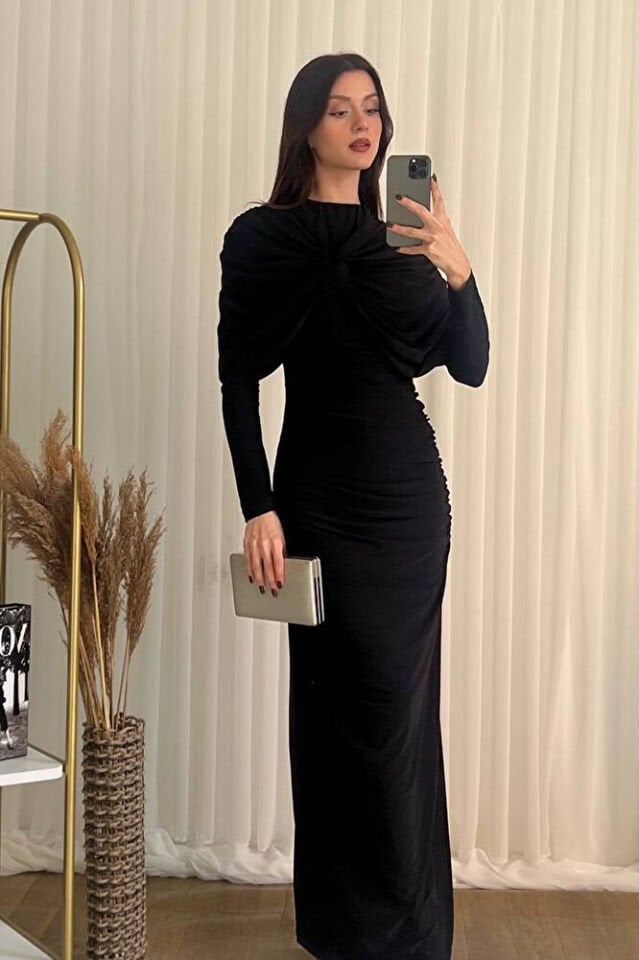 Kadın Şal Yaka Detaylı Uzun Abiye Elbise Siyah