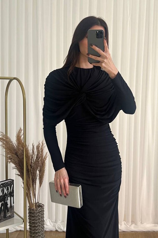 Kadın Şal Yaka Detaylı Uzun Abiye Elbise Siyah