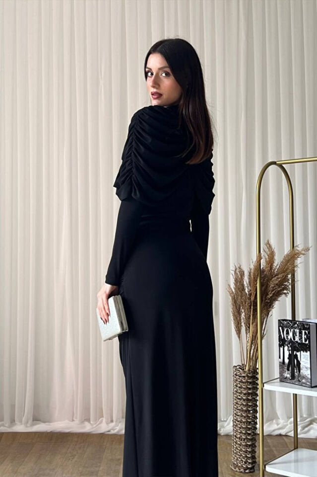Kadın Şal Yaka Detaylı Uzun Abiye Elbise Siyah
