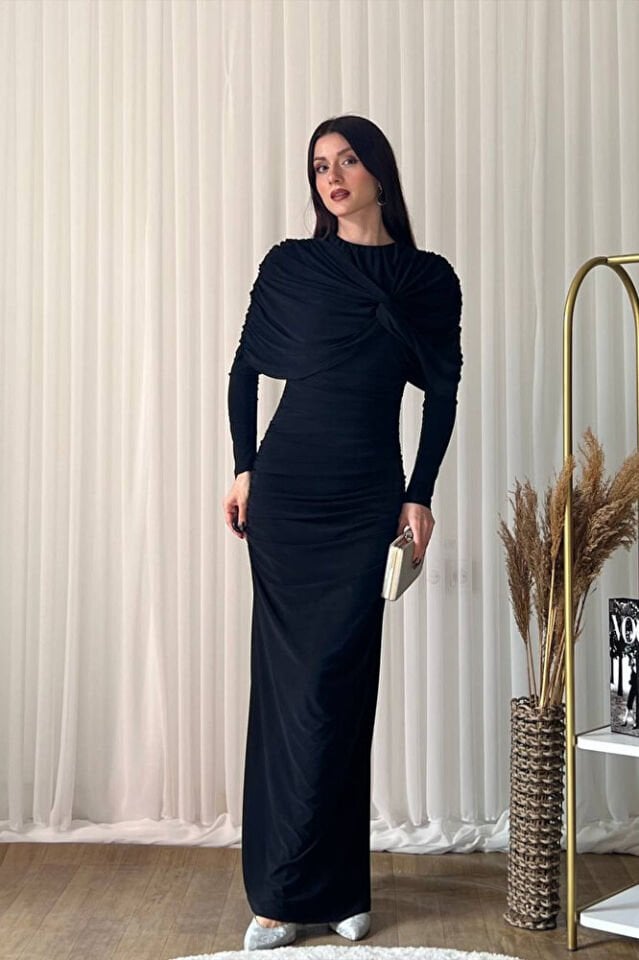 Kadın Şal Yaka Detaylı Uzun Abiye Elbise Siyah