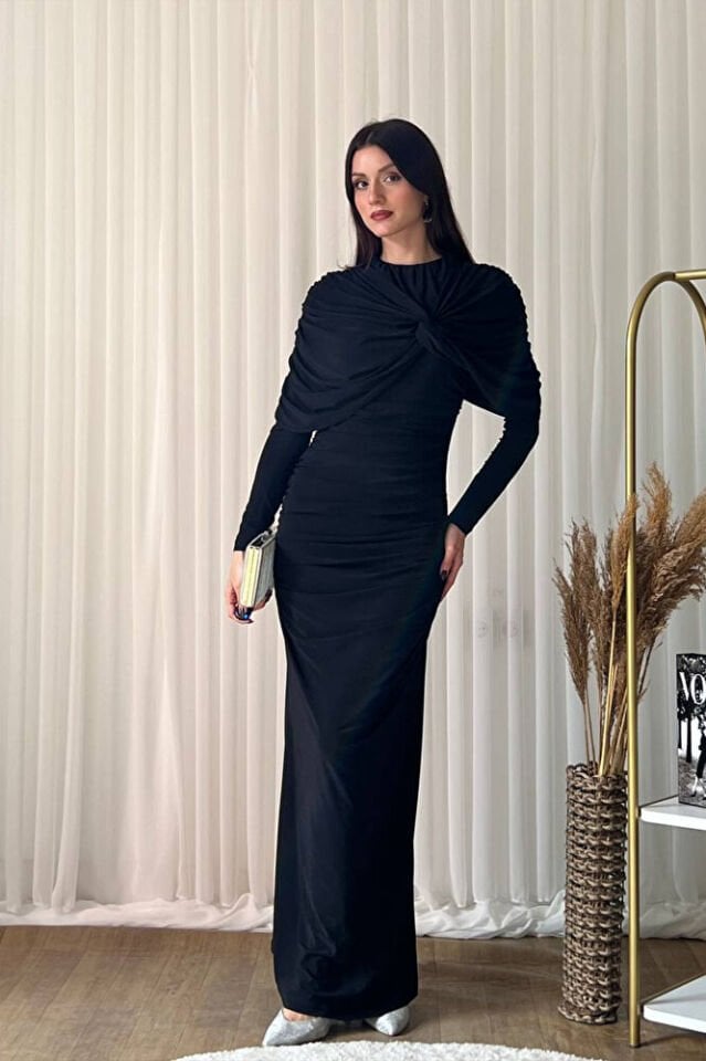 Kadın Şal Yaka Detaylı Uzun Abiye Elbise Siyah