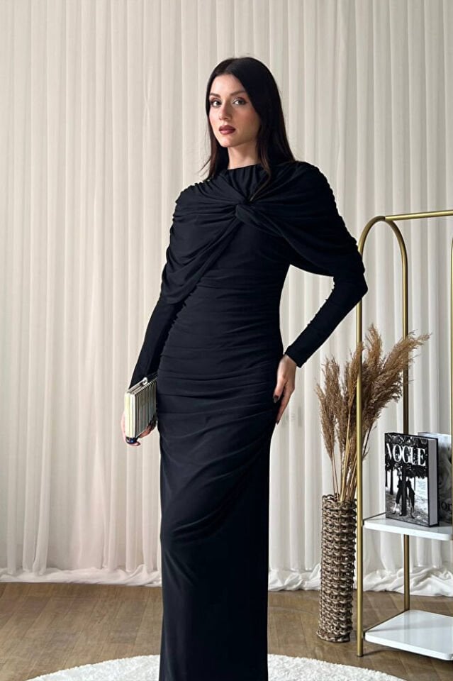 Kadın Şal Yaka Detaylı Uzun Abiye Elbise Siyah