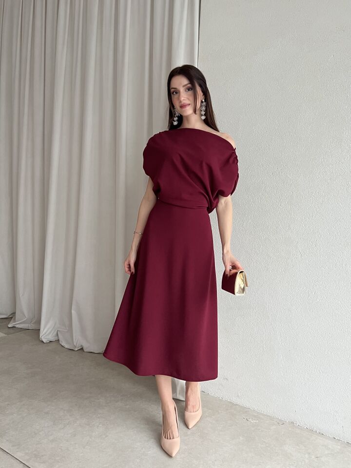 Tek Omuz Drapeli Midi Abiye Elbise 6061 Bordo - S
