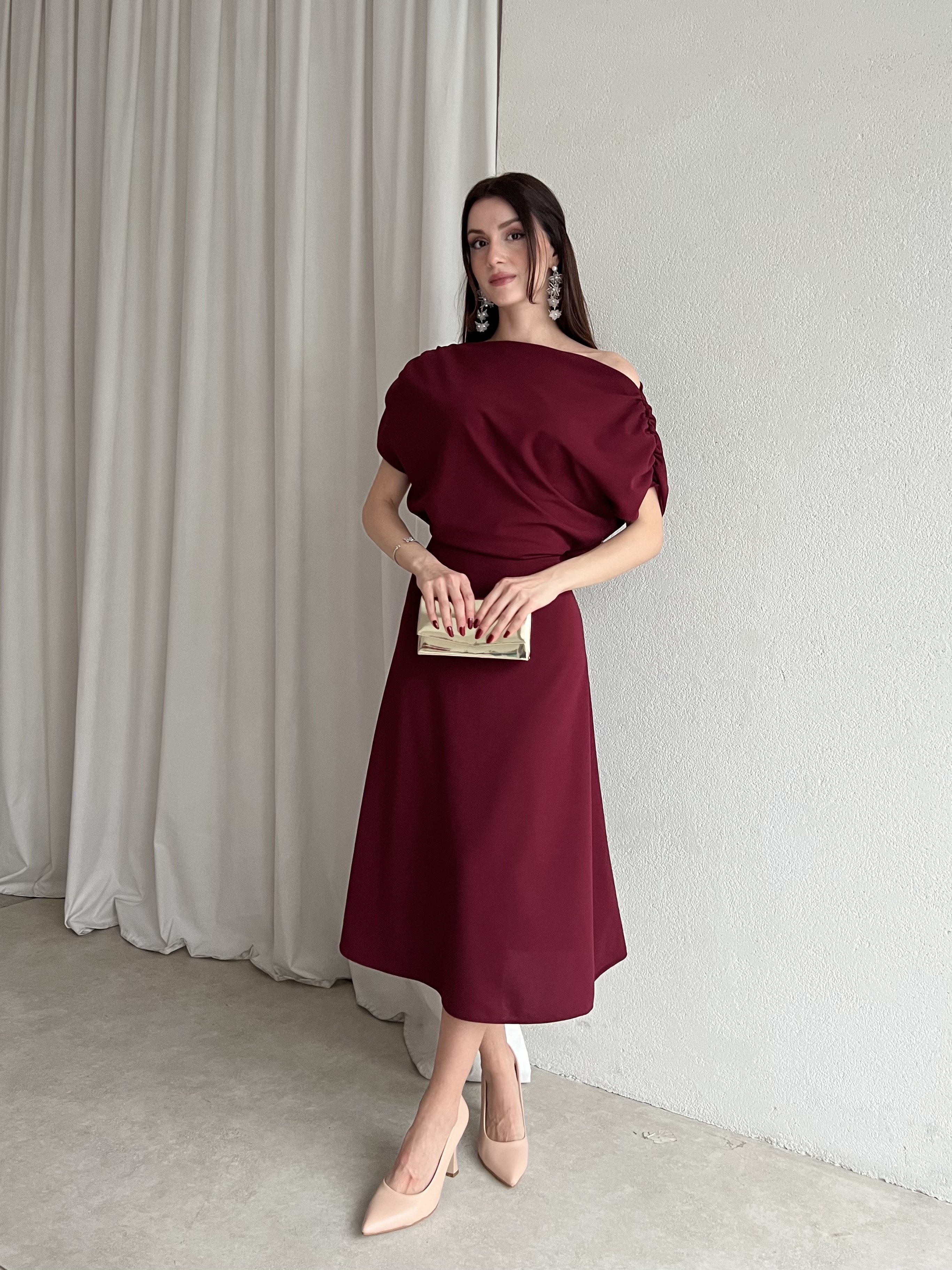 Tek Omuz Drapeli Midi Abiye Elbise 6061 Bordo - M