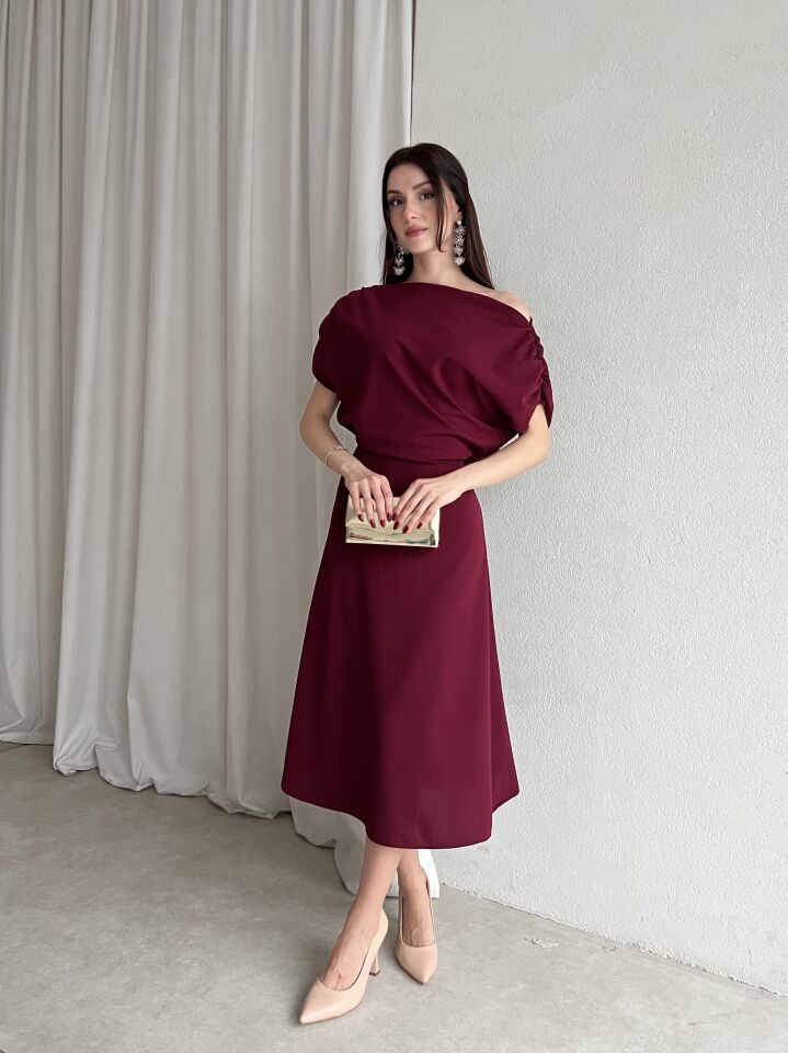 Tek Omuz Drapeli Midi Abiye Elbise 6061 Bordo - M