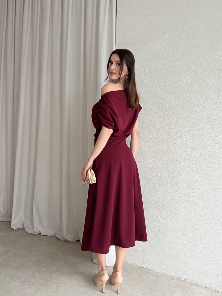 Tek Omuz Drapeli Midi Abiye Elbise 6061 Bordo - M