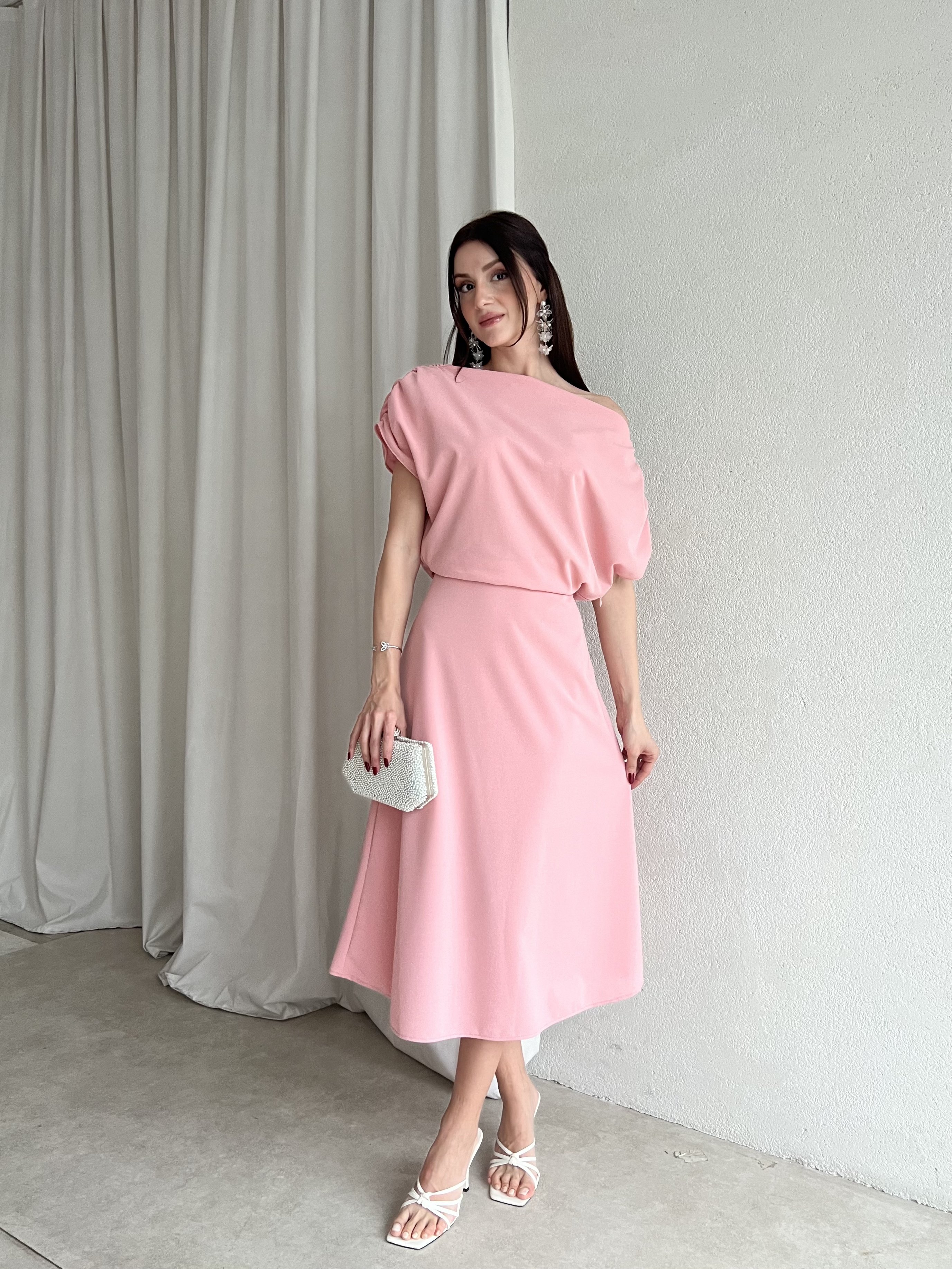 Tek Omuz Drapeli Midi Abiye Elbise 6061 Pembe - S
