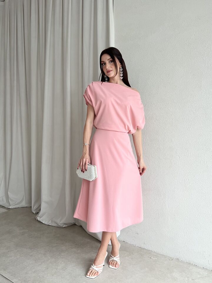 Tek Omuz Drapeli Midi Abiye Elbise 6061 Pembe - M