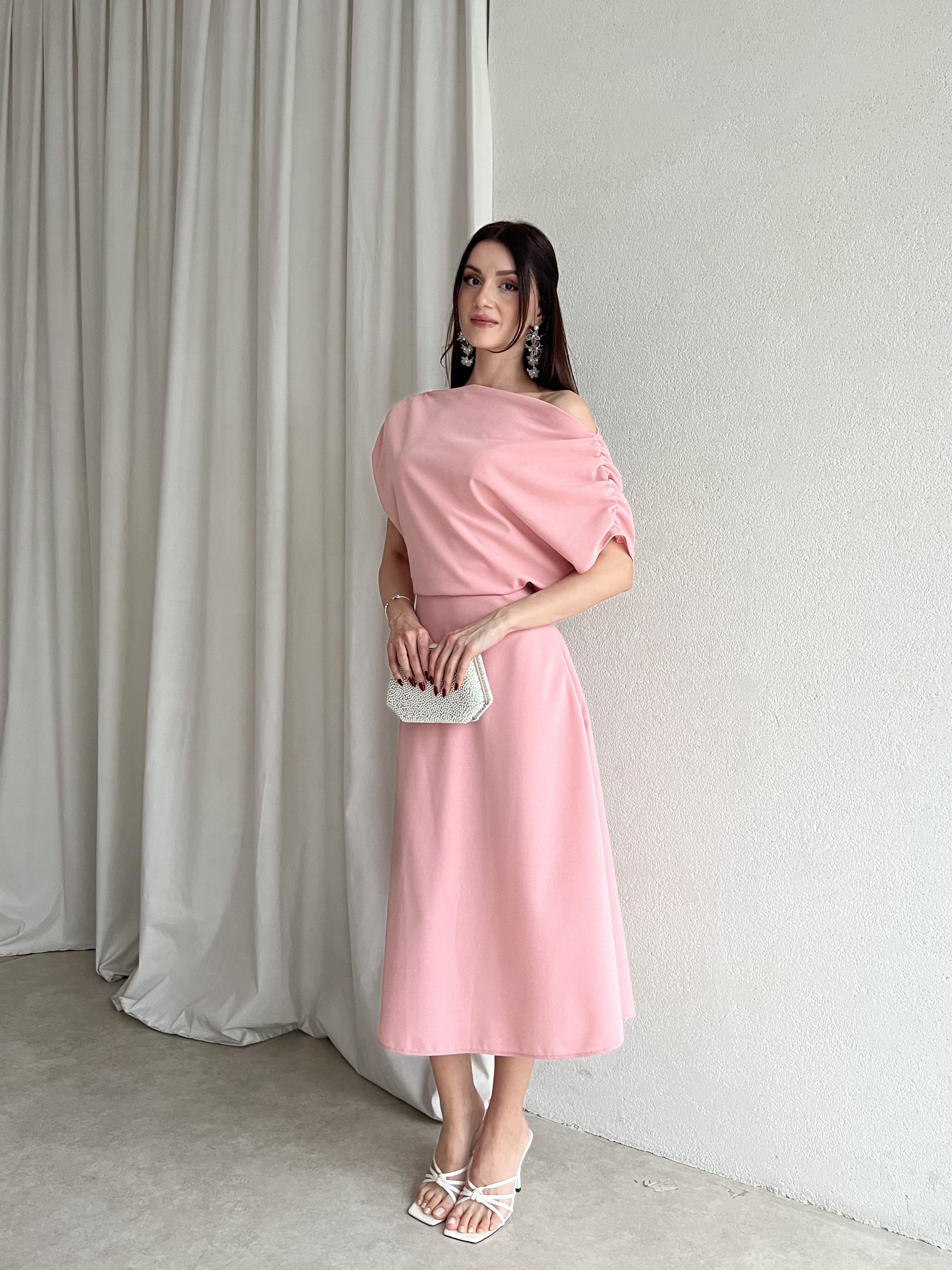 Tek Omuz Drapeli Midi Abiye Elbise 6061 Pembe - M