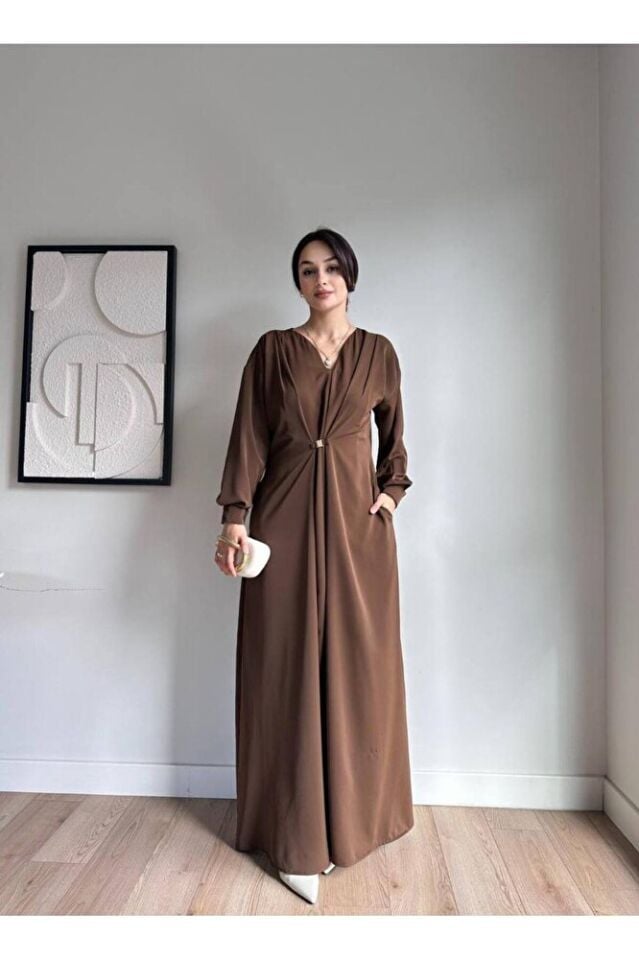 Uzun Kollu Metal Tokalı Yırtmaçlı Maxi Elbise 5138