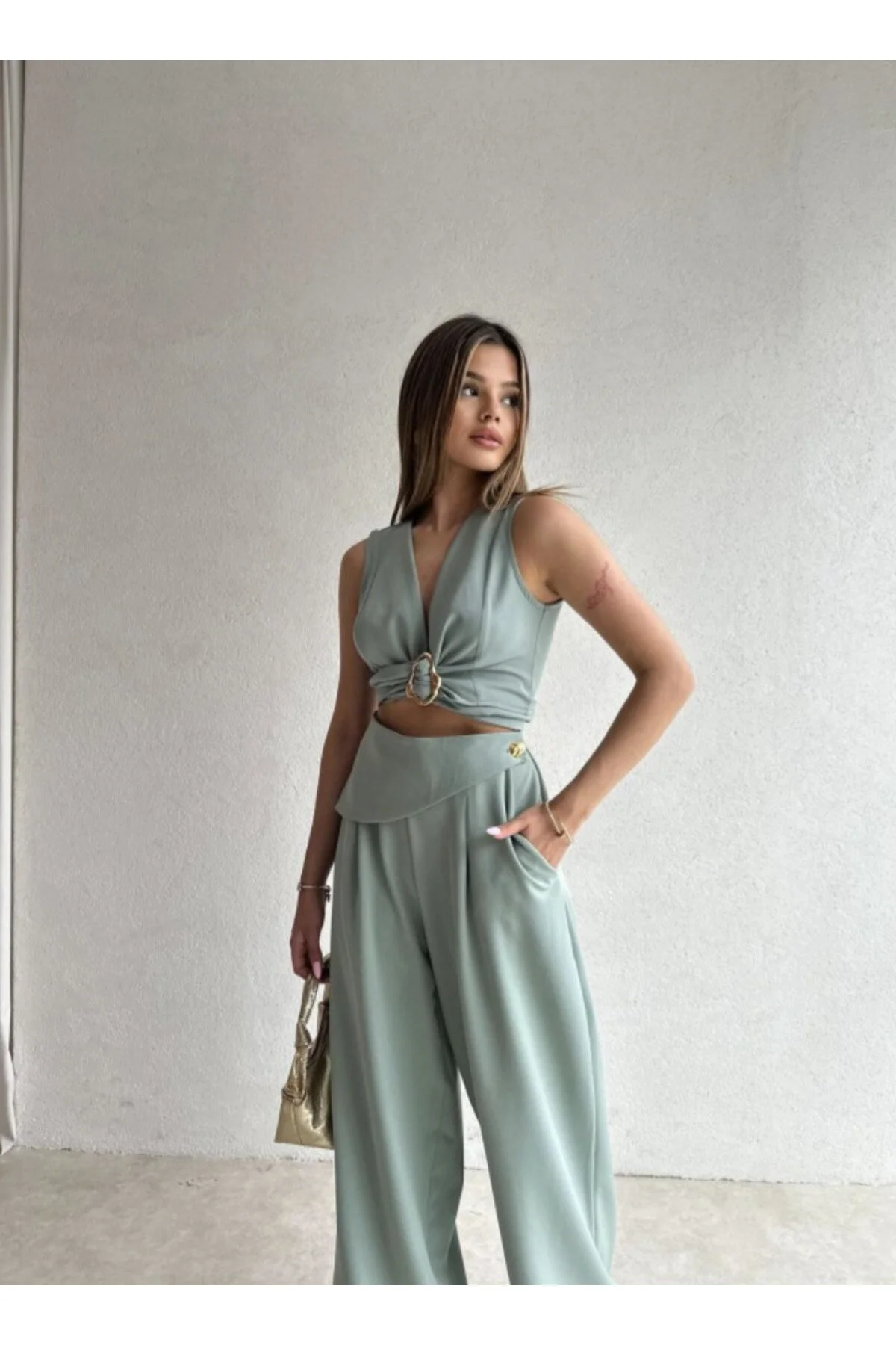 Kuşaklı Tokalı Crop Bluz ve Palazzo Pantolon Takım 5093 Yeşil - S