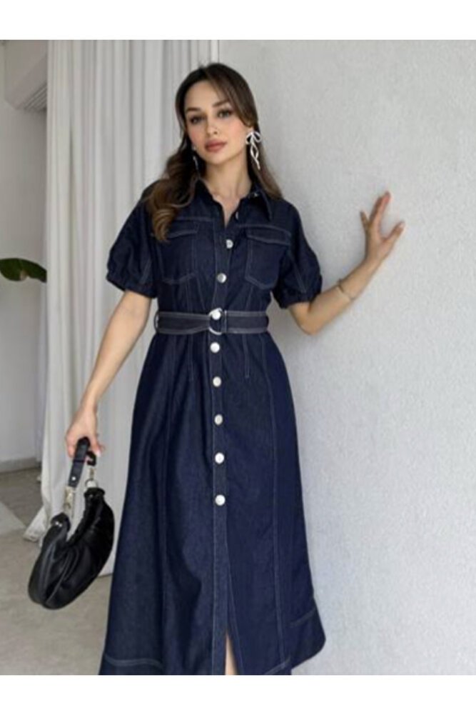 Kadın Denim Elbise – Kemerli, Düğmeli, Kısa Kol, Günlük ve Şık Midi Jean Elbise