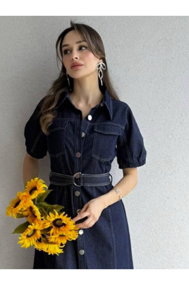 Kadın Denim Elbise – Kemerli, Düğmeli, Kısa Kol, Günlük ve Şık Midi Jean Elbise