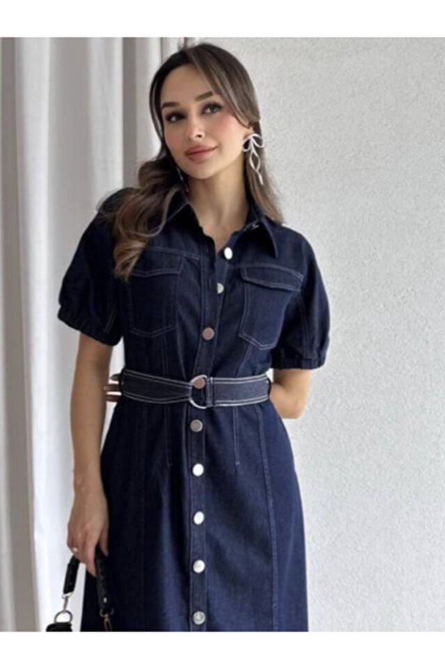 Kadın Denim Elbise – Kemerli, Düğmeli, Kısa Kol, Günlük ve Şık Midi Jean Elbise