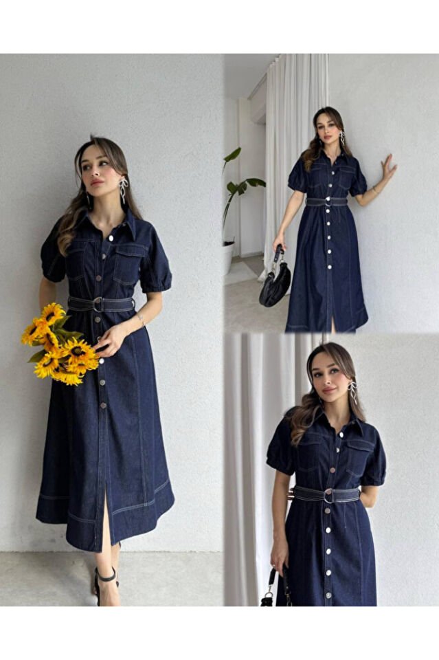 Kadın Denim Elbise – Kemerli, Düğmeli, Kısa Kol, Günlük ve Şık Midi Jean Elbise