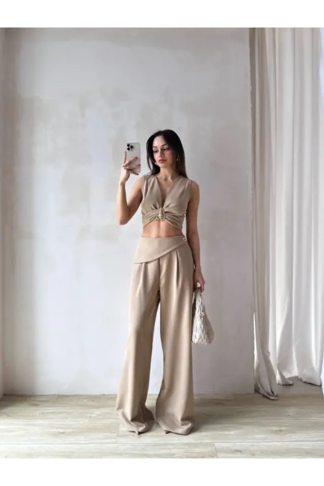 Kuşaklı Tokalı Crop Bluz ve Palazzo Pantolon Takım 5093 Vizon - S